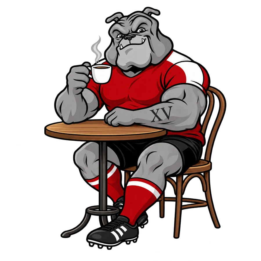Le bouledogue du XV fait une pause café à une table.