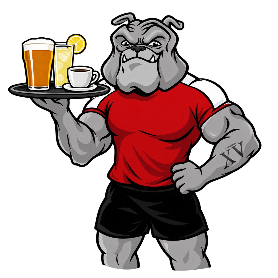 La mascotte du XV présente un plateau de boissons.