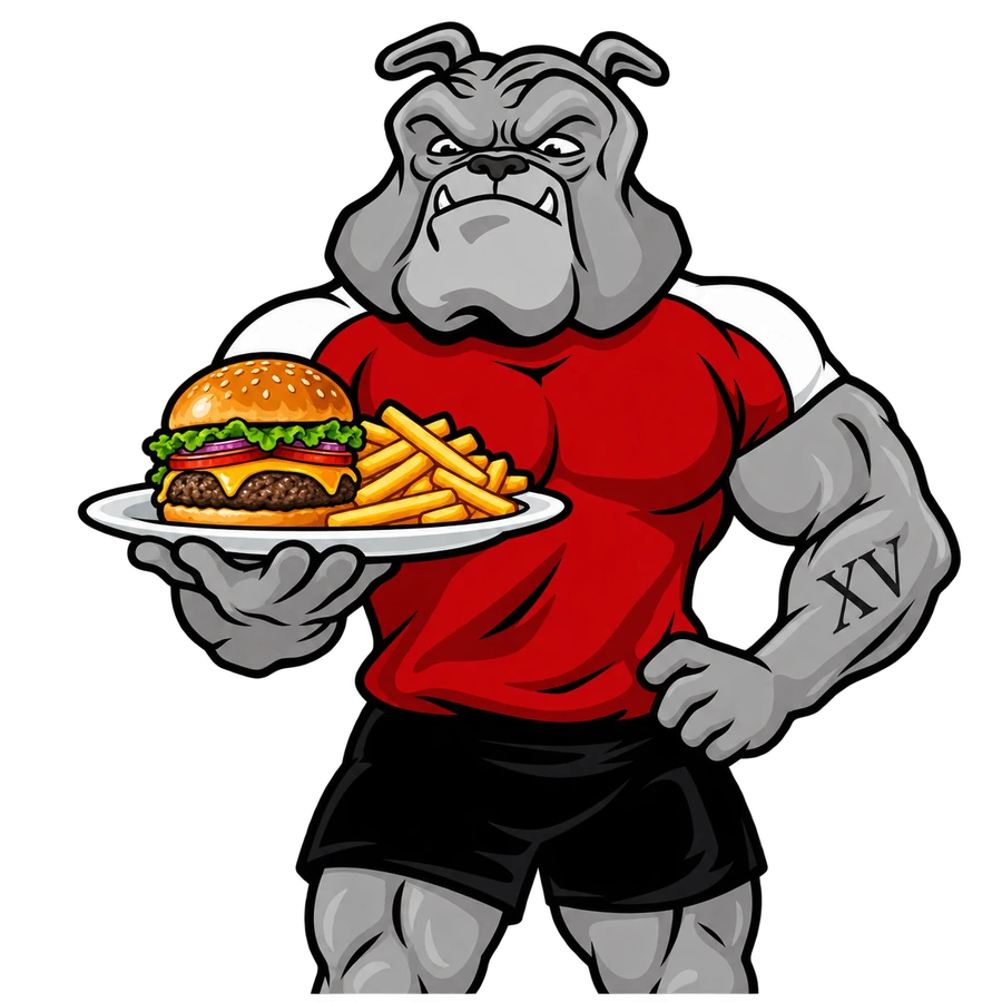 La mascotte du XV sert un burger et des frites.