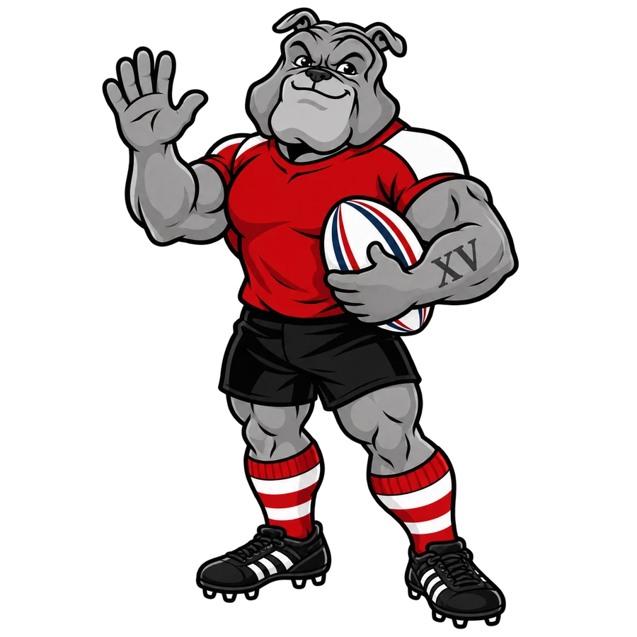 Le bouledogue du XV vous accueille avec son ballon de rugby.
